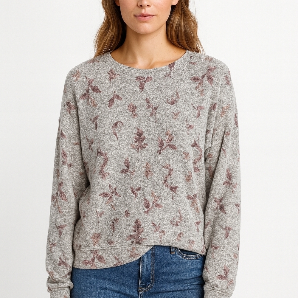 Reitmans Gray Floral Crew Neck Sweater Soft Casual Office Pink Purple Size Large